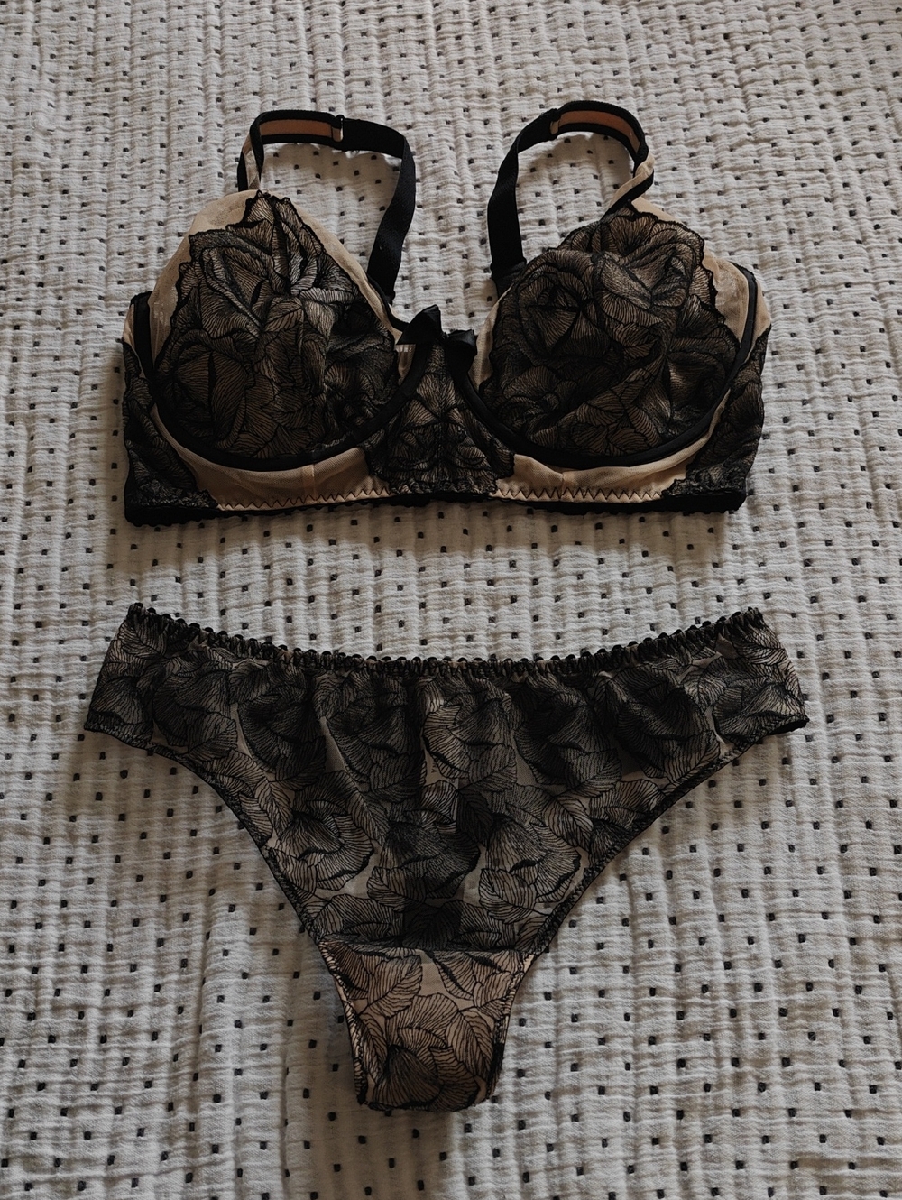 Prima Donna Black Lace on Beige Lined Underwire Bra with Matching Brief